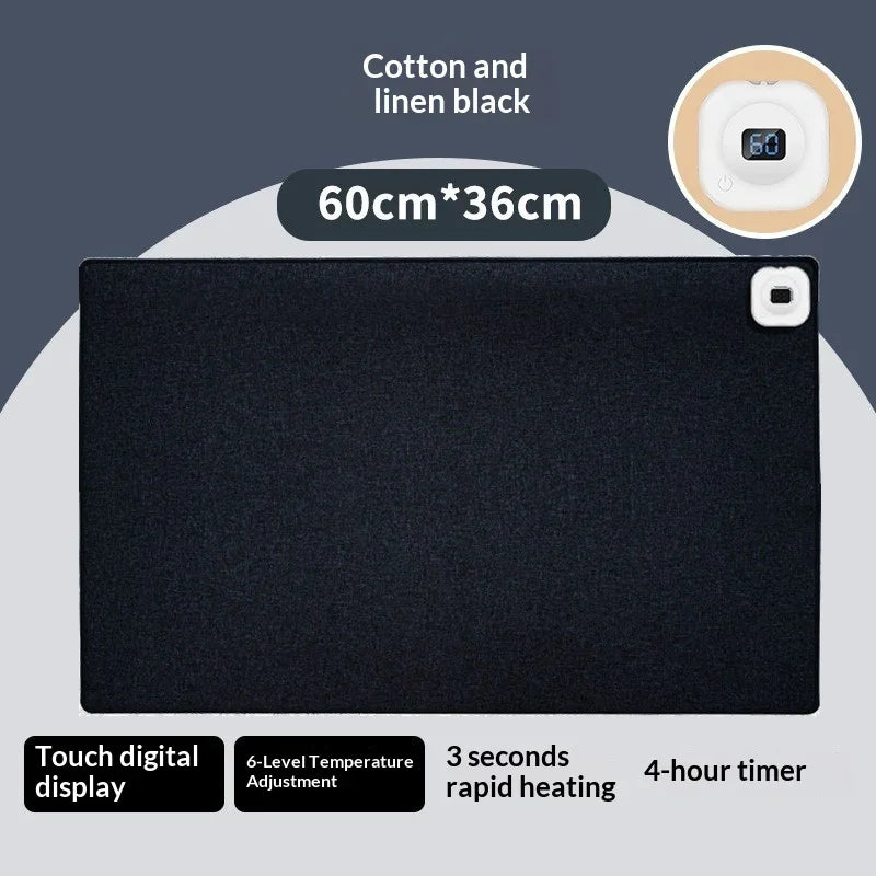 Black cotton and linen heating pad with digital display, 60x36cm, touch controls, timer