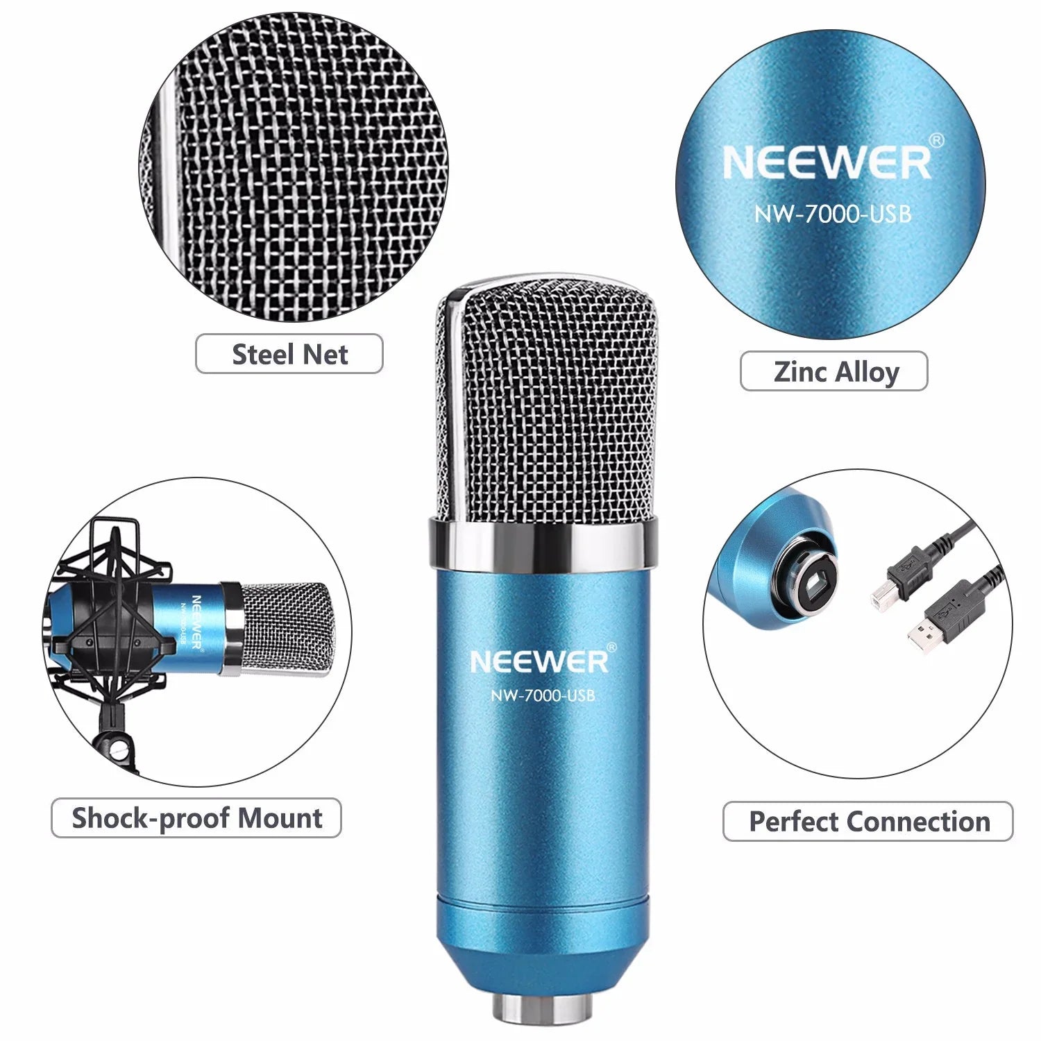Blue Neewer NW-7000-USB condenser microphone with steel mesh, shock mount, and USB cable.