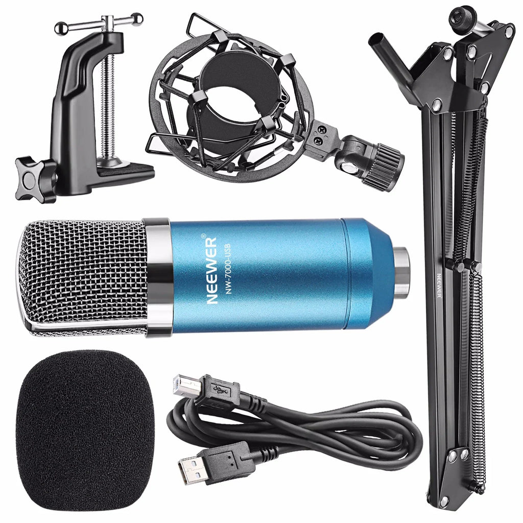 Neewer USB condenser microphone kit with blue mic, adjustable arm, shock mount, USB cable, and windscreen