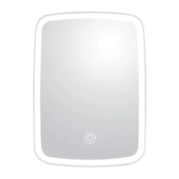 Rectangular LED vanity mirror with touch sensor, modern frameless design, studio lighting