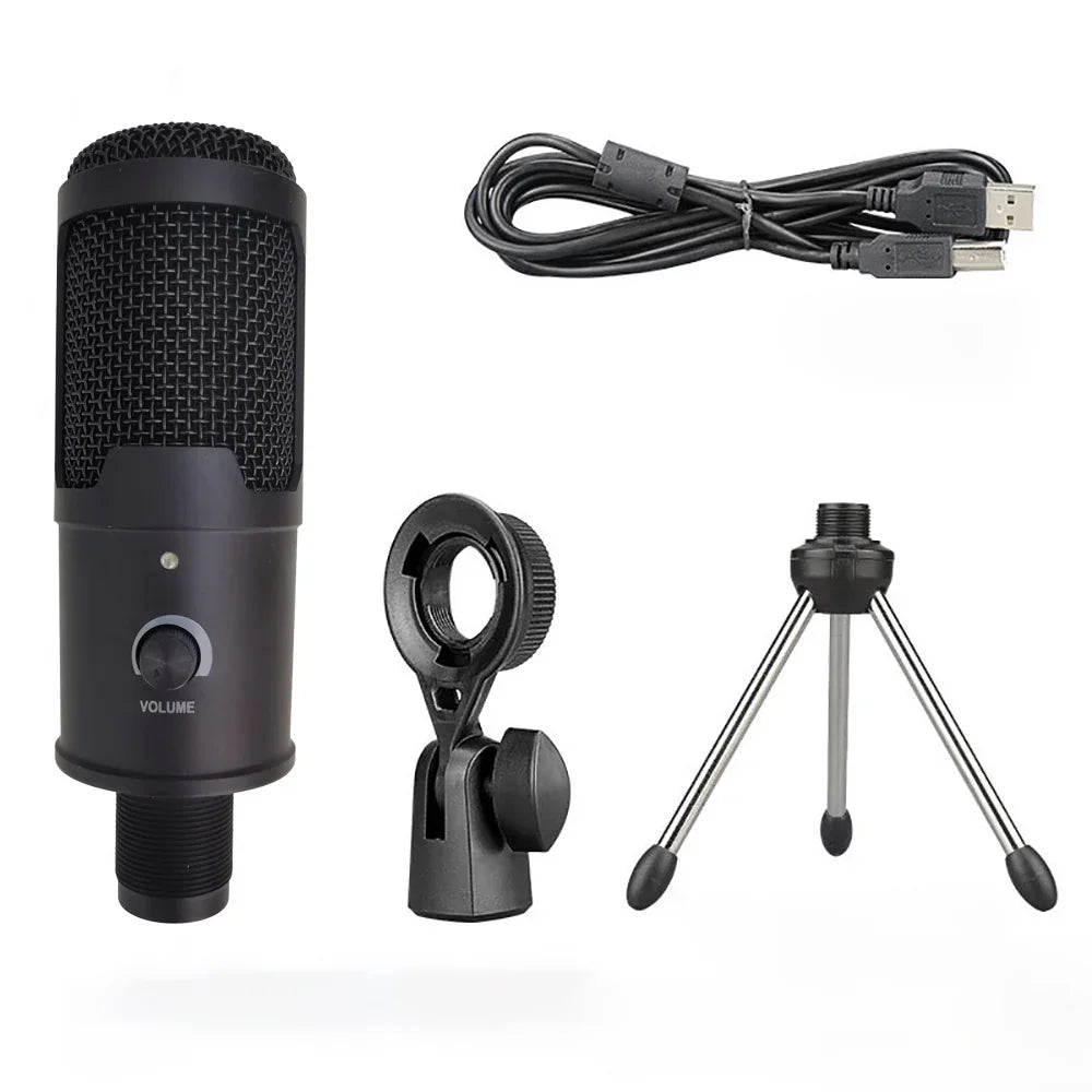 USB condenser microphone kit with tripod stand, clip, and volume control, ideal for streaming