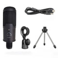 USB condenser microphone kit with tripod stand, adjustable mount, and USB cable for streaming or podcasting