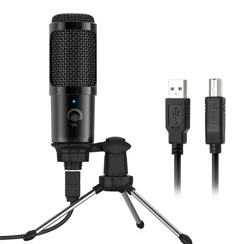 USB condenser microphone with tripod stand and two USB cables for broadcasting or podcasting