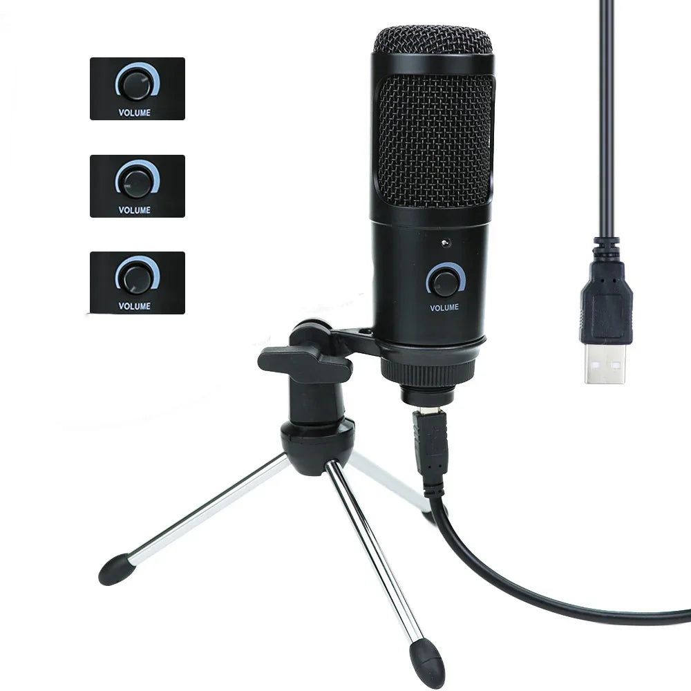 USB condenser microphone with tripod stand, volume control knob, and detachable cable