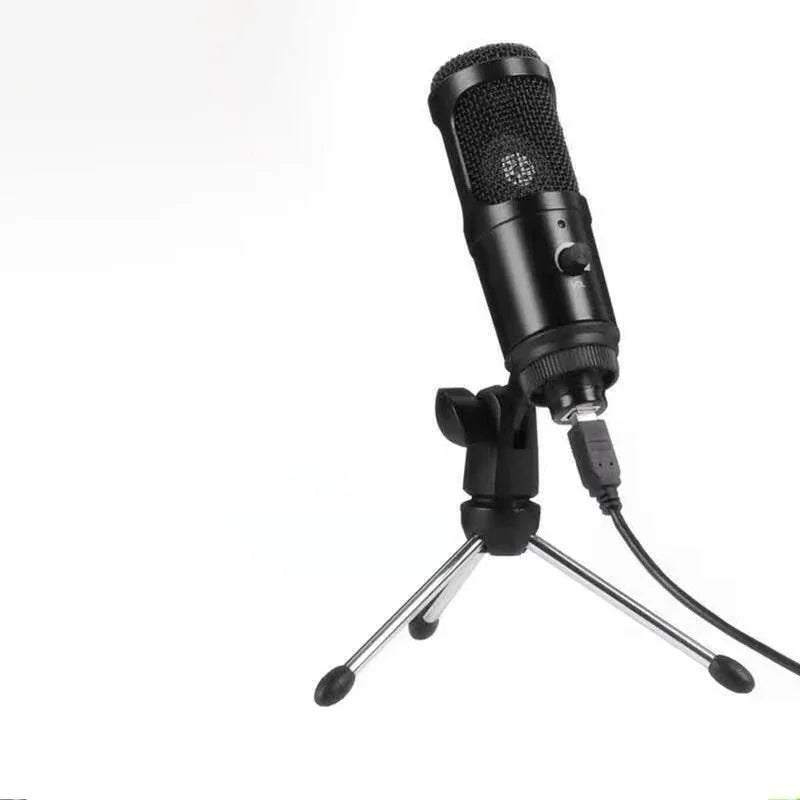 USB condenser microphone with tripod stand for streaming or podcasting on white background
