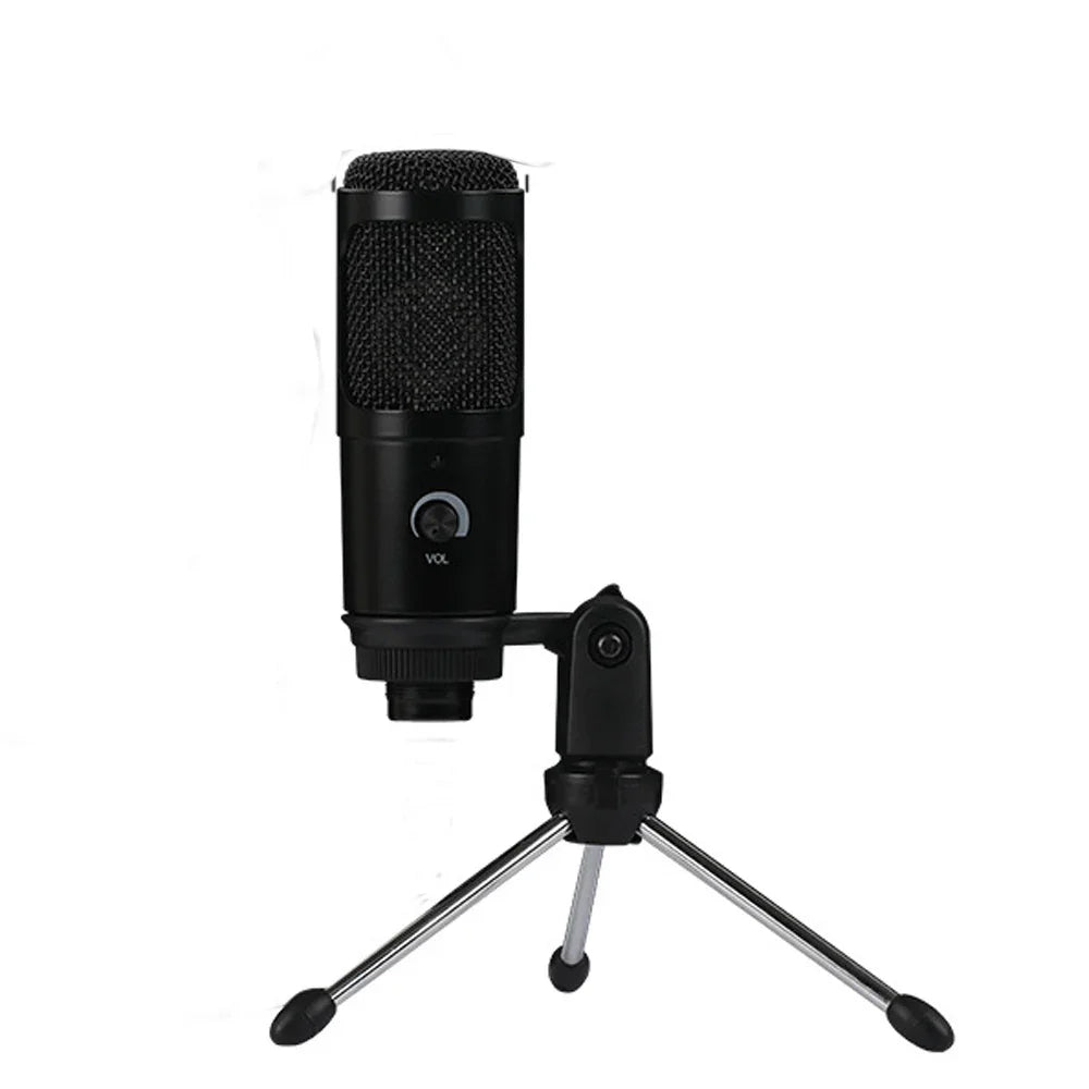 Black condenser microphone with volume control on a tripod stand for studio or broadcasting use