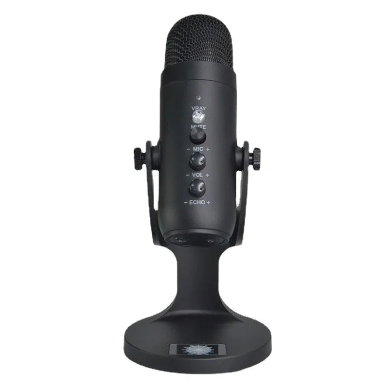 Black USB condenser microphone with adjustable knobs on desk stand for streaming or podcasting