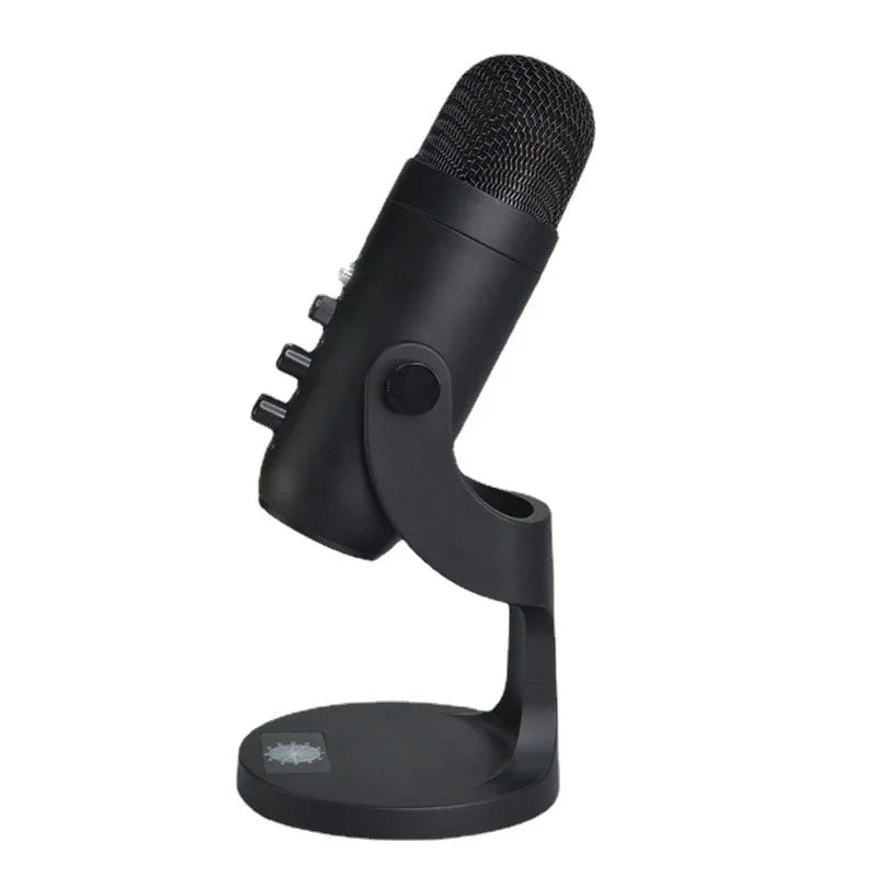 Professional-grade black USB microphone with stand for studio and broadcasting setup