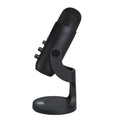 Black desktop studio microphone with control knobs on adjustable stand, isolated on white background
