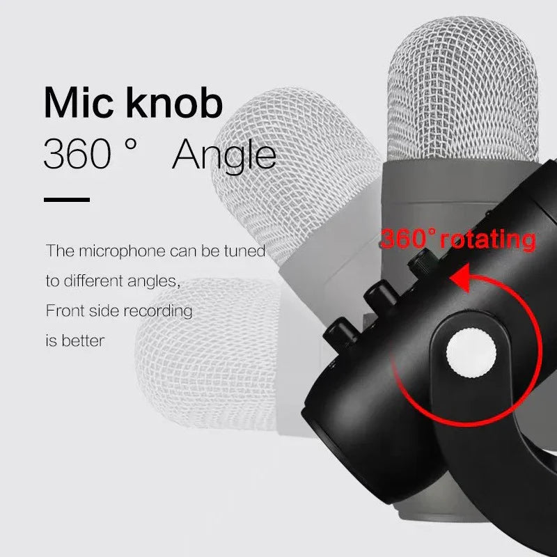 360 degree rotating microphone with adjustable mic knob, ideal for professional recording.