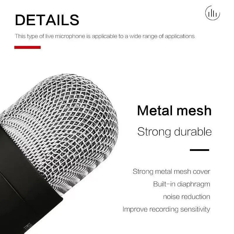Close-up of professional live microphone with metal mesh head, featuring noise reduction and strong durability.
