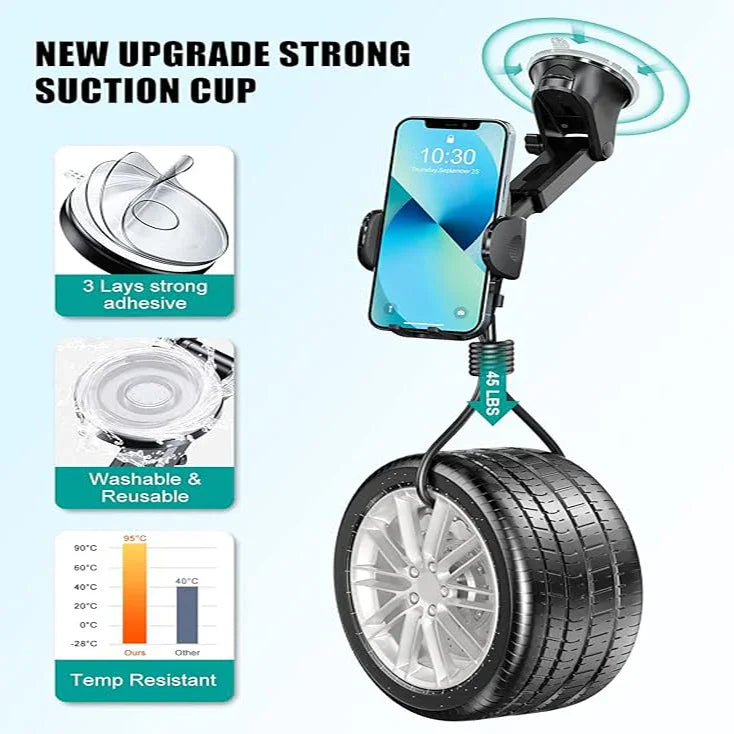 Strong suction cup phone holder supports heavy weight, features washable adhesive and temperature resistance, ideal for secure device mounting.