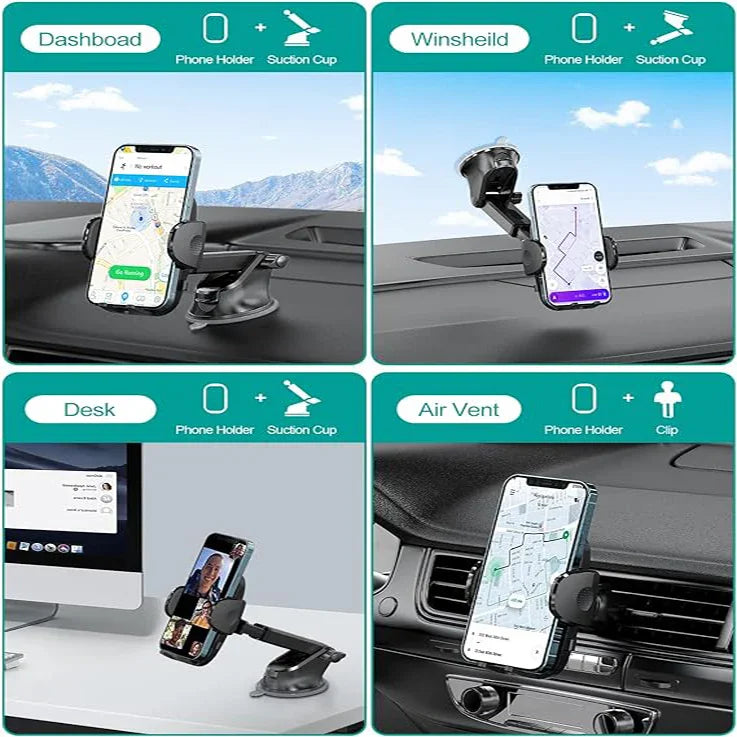 Universal phone holder mount for dashboard, windshield, desk, and air vent with suction cup or clip.