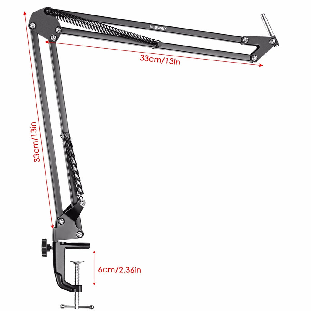 Adjustable black microphone boom arm with clamp, metal springs, and measurement labels