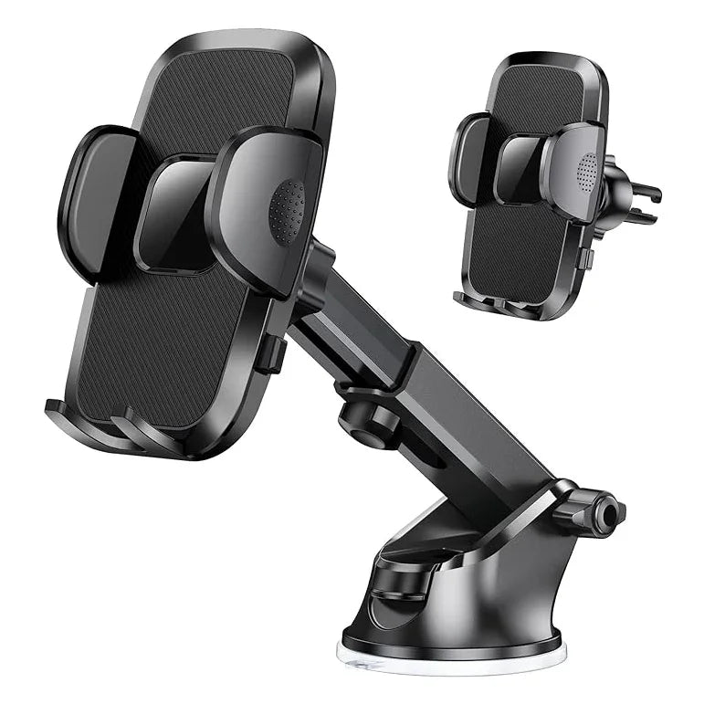 Adjustable black car phone holder mount with suction cup and dashboard arm