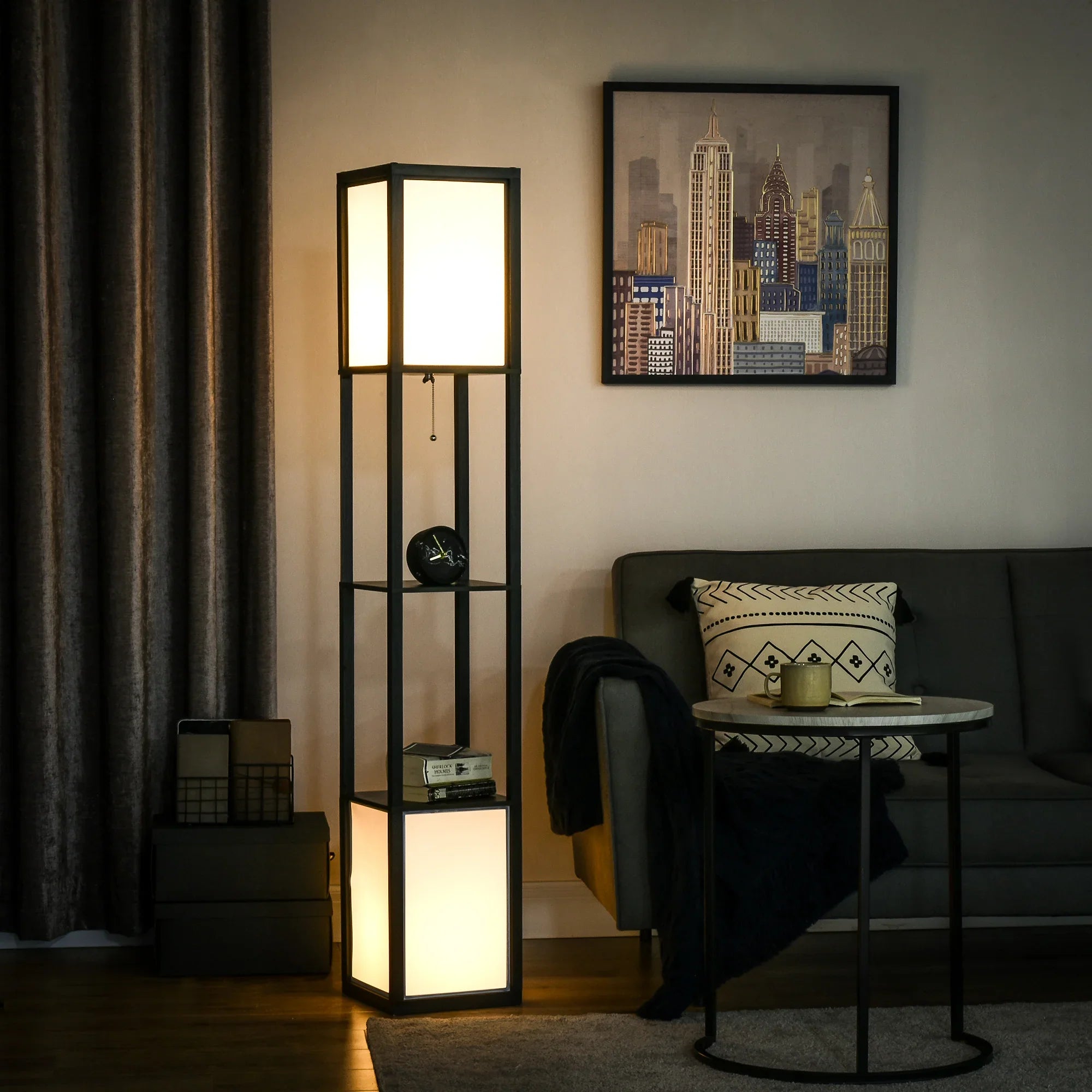 Modern floor lamp with shelves in cozy living room, near sofa and side table, warm lighting
