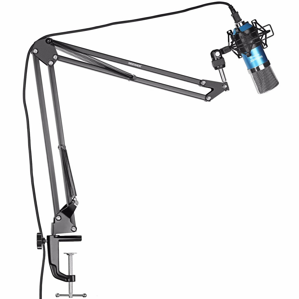 Adjustable microphone boom arm with shock mount and wired condenser mic for studio setup