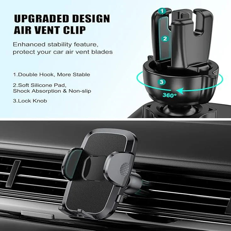 Car air vent phone holder with upgraded double hook, silicone pad, and 360-degree lock knob.
