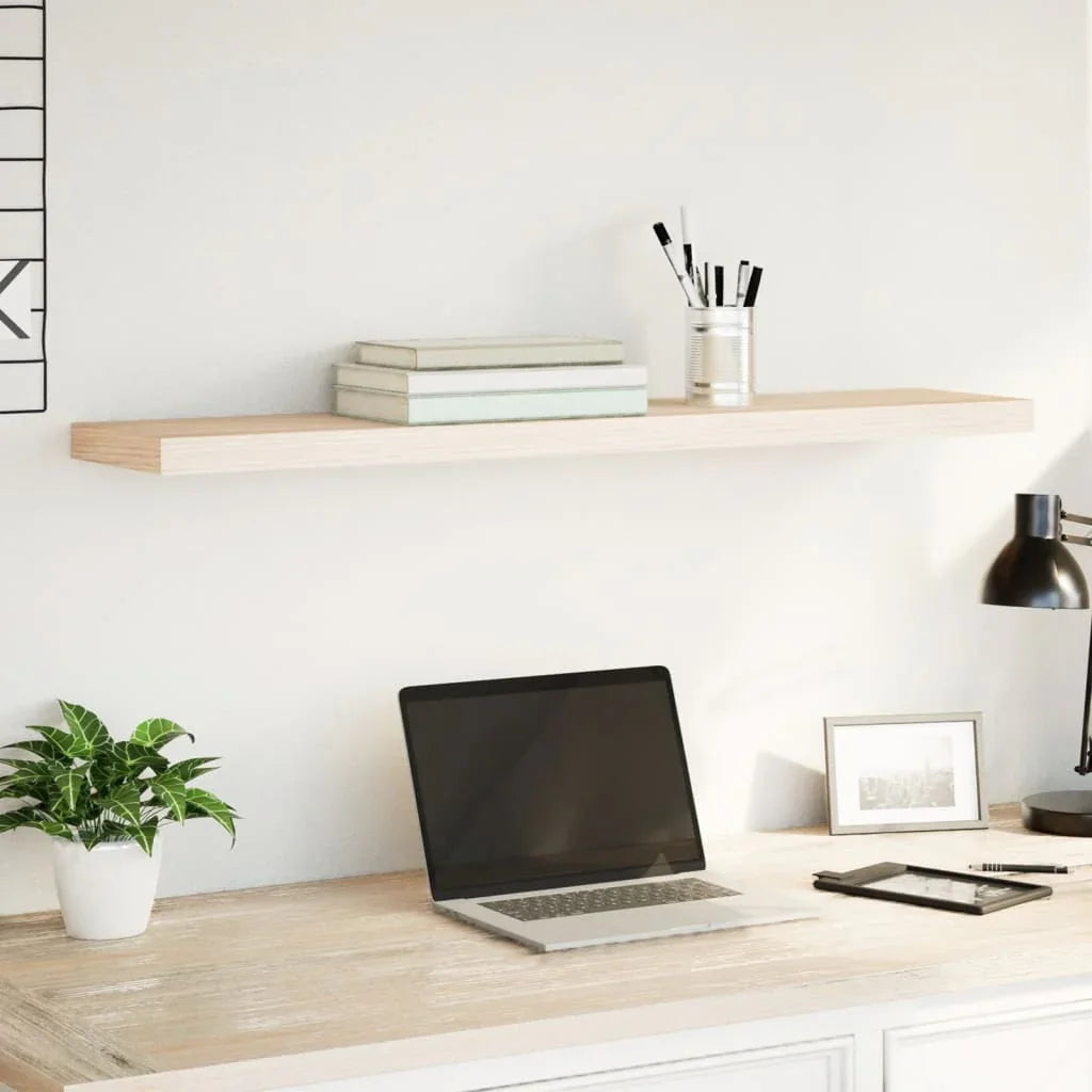 Minimalist home office desk with laptop, potted plant, and modern lighting