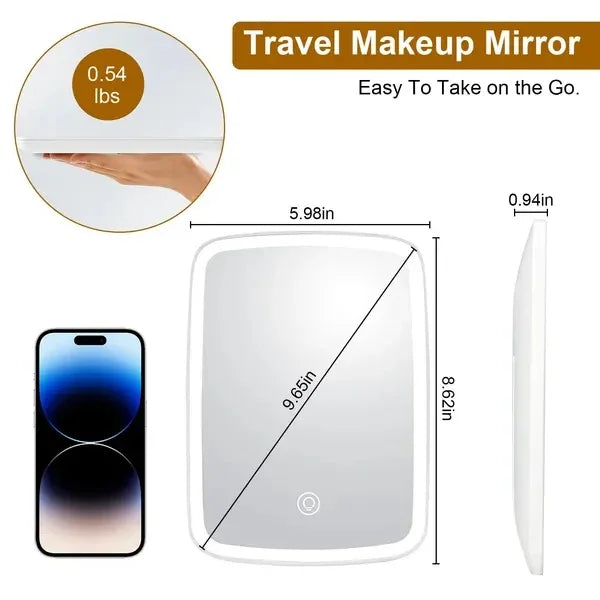 Slim LED travel makeup mirror with touch control, dimensions shown next to smartphone for scale