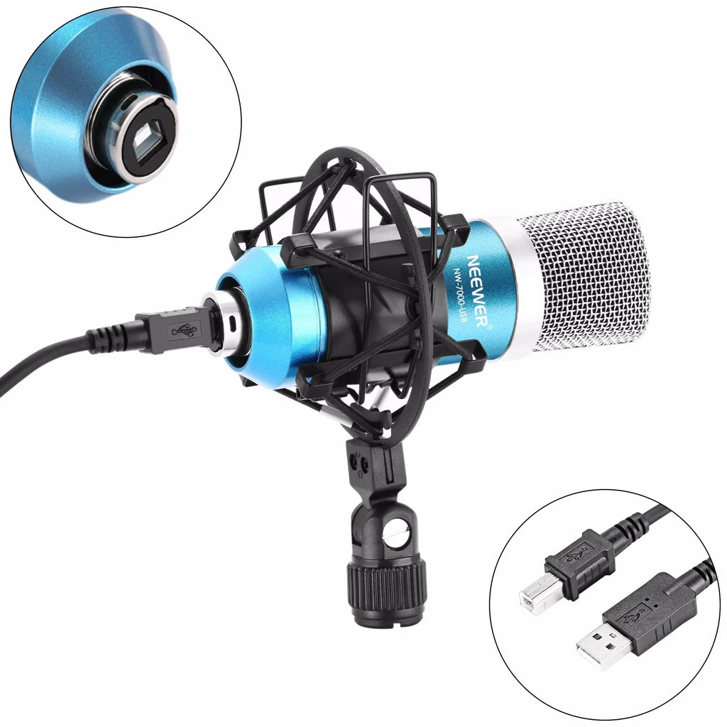 USB condenser microphone with shock mount and cable for professional broadcasting