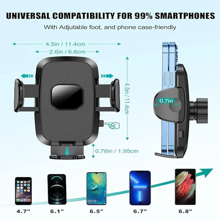 Universal smartphone car mount with adjustable grip, showing compatibility with various phone sizes.