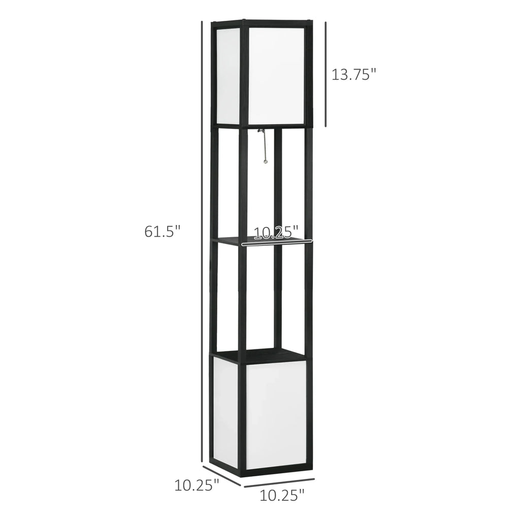 Modern black floor lamp with shelves, white panels, and measurements, perfect for studio lighting.