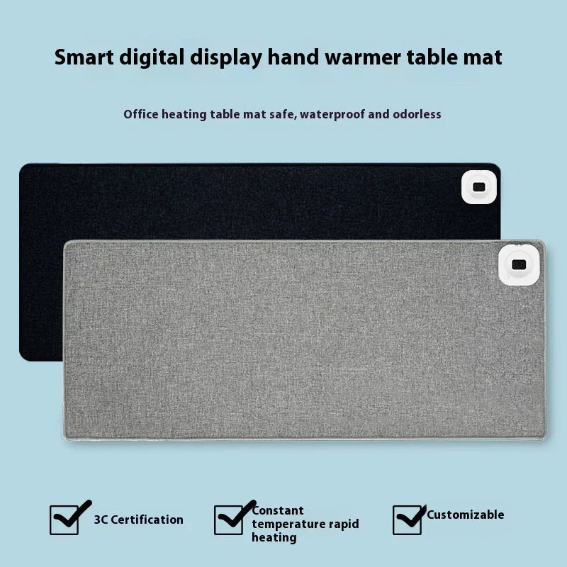 Smart digital display hand warmer table mats in black and gray, waterproof office heating accessories with temperature control.