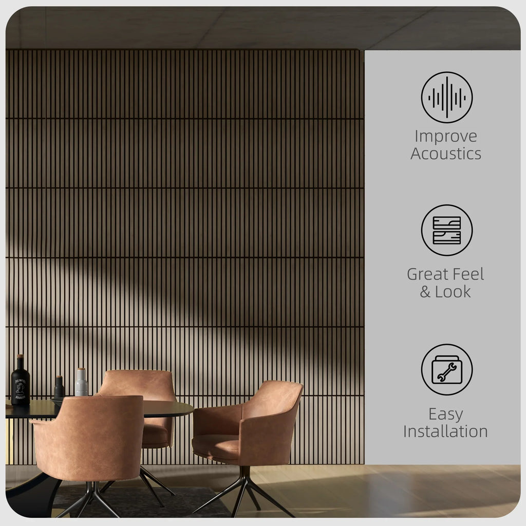 Modern office with acoustic wood slat wall, round table, and brown leather chairs