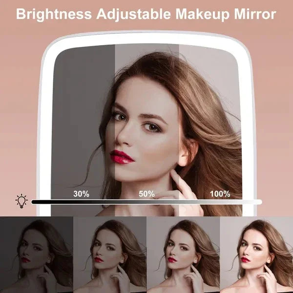 Brightness adjustable makeup mirror with model, showing 30%, 50%, and 100% light settings