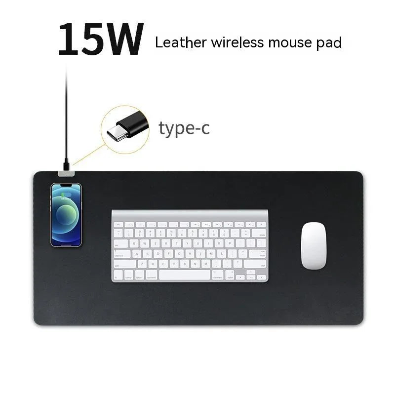 15W leather wireless mouse pad with Type-C charging, keyboard, mouse, and smartphone setup
