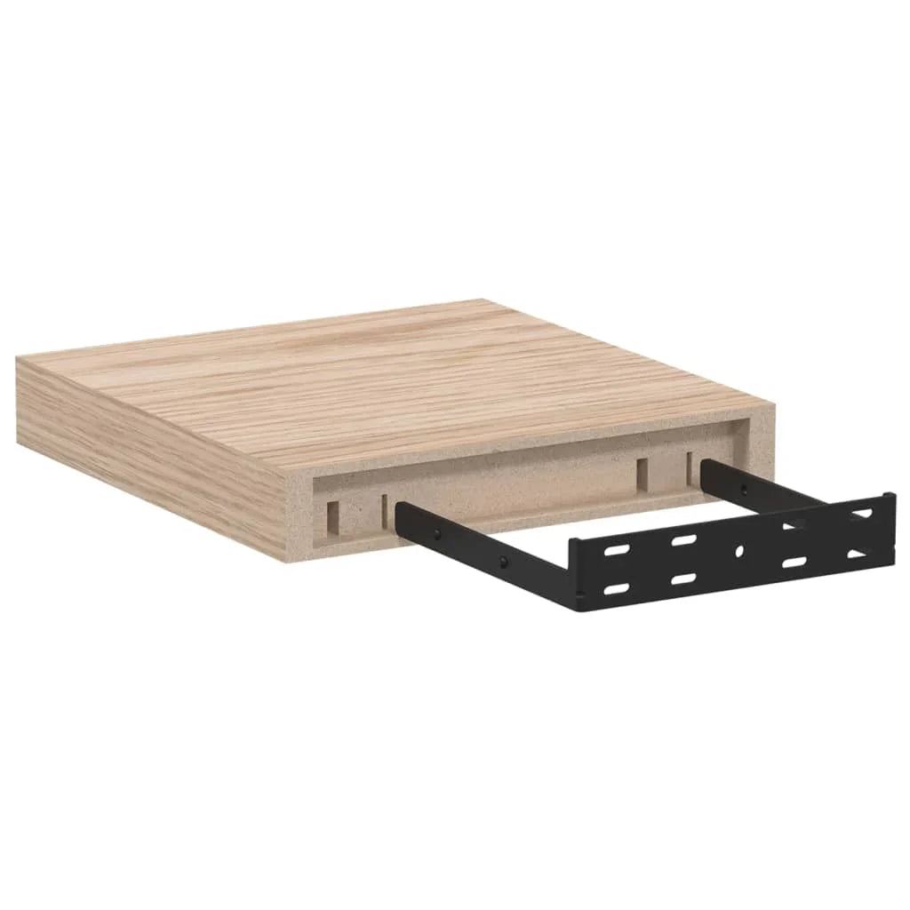Light wood floating shelf with hidden black metal wall mounting bracket