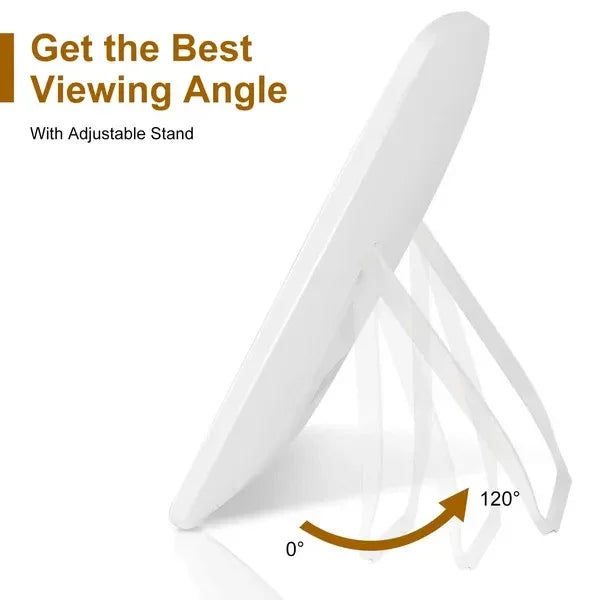 Adjustable tabletop mirror with stand, showing 120-degree viewing angle for ergonomic setup