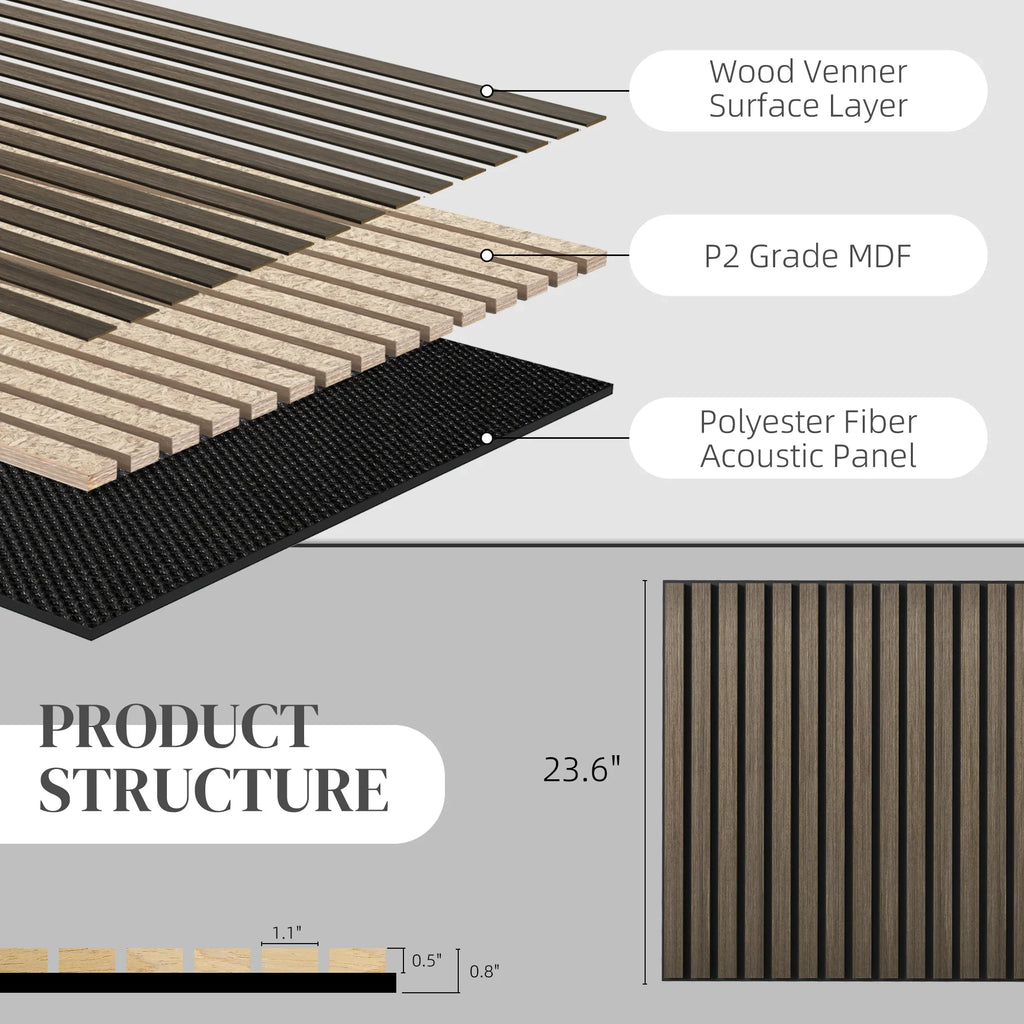 Acoustic panel structure showing wood veneer, MDF, and polyester fiber layers with dimensions.