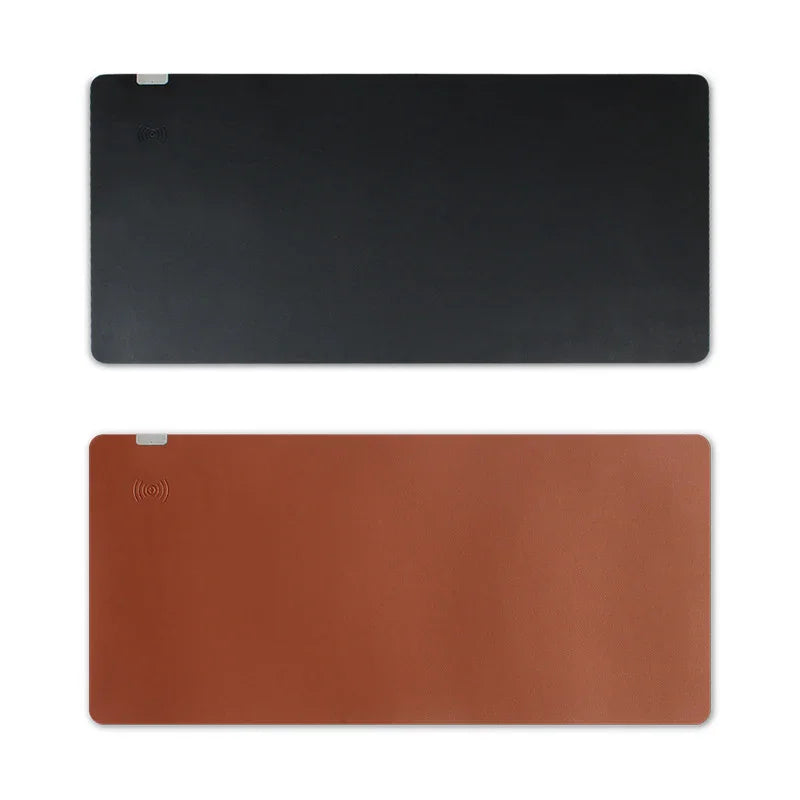 Two large rectangular leather desk mats in black and brown, featuring wireless charging areas.