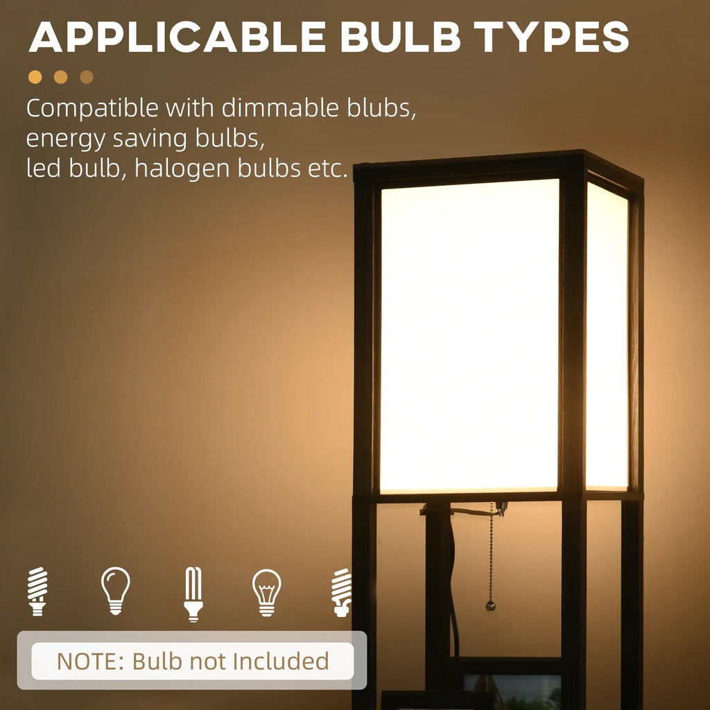 Modern rectangular floor lamp with soft light, showing compatible bulb types and pull chain switch