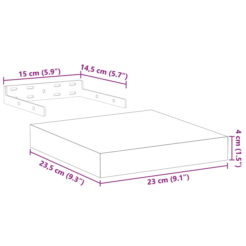 Floating wall shelf bracket and board dimensions diagram, ideal for modern studio decor.